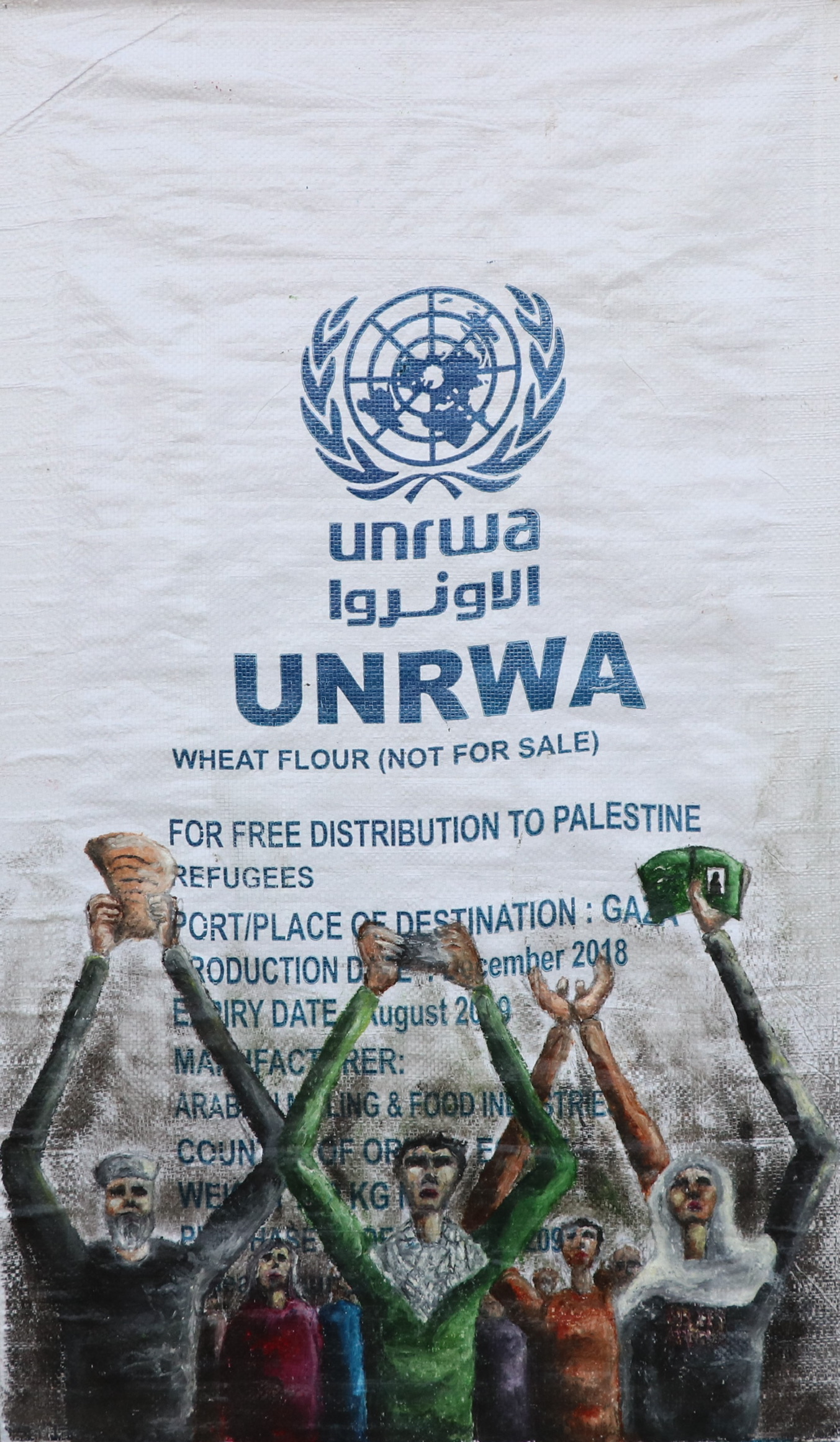 Artwork made on an UNRWA flour bag showing people raising bread and empty hands